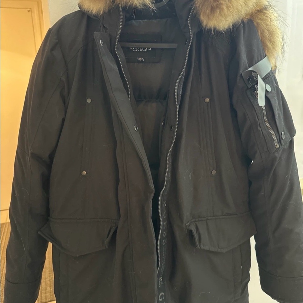 Guess Black Puffer Jacket with Fur Hood